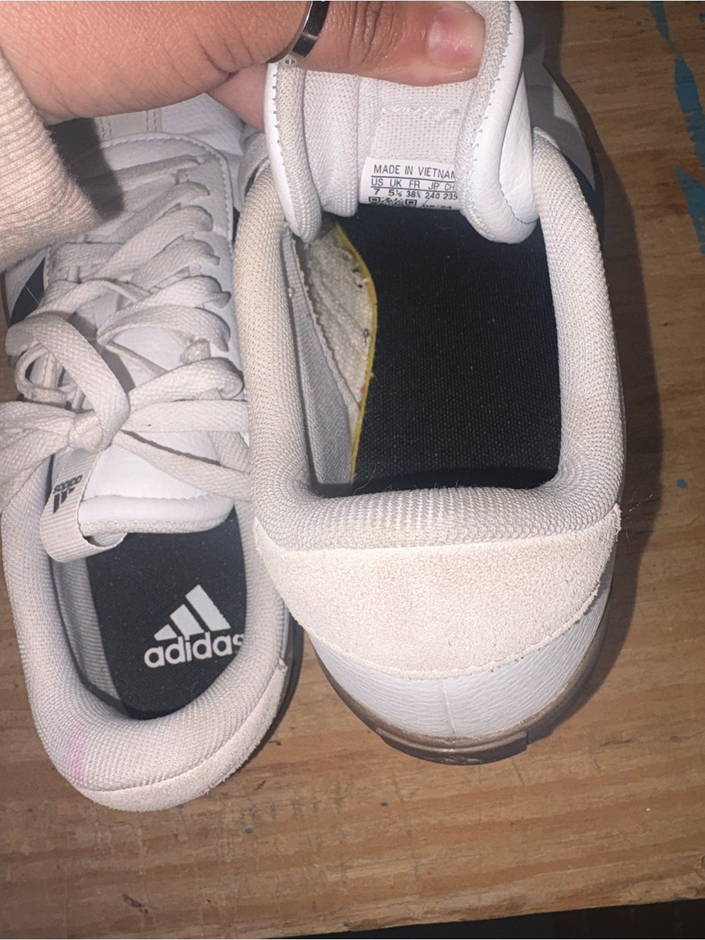 adidas Women’s White Sneakers with Black Stripes and Gum Sole - Picture 6 of 7